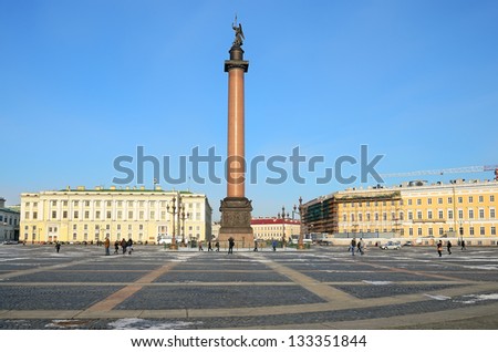 PETERSBURG, RUSSIA-MARCH 13: Palace square on March 13, 2013 in Petersb, Rus. Palace Square is the central city square of Petersburg, area about 5 ha. It is architectural ensemble, built in XVIII-XIX