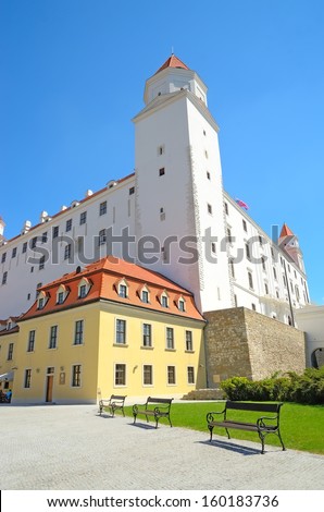 BRATISLAVA - AUGUST 1: Bratislava Castle on August 1, 2013 in Bratislava, Slovakia. It is one of the symbols of Bratislava. Castle been built on a hill. First written reference from 907.