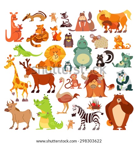 Great set of cartoon animals, birds from around the world. African animals,forest animals as signs,icons,design elements.Vector illustrations isolated on white background. Education, kid design