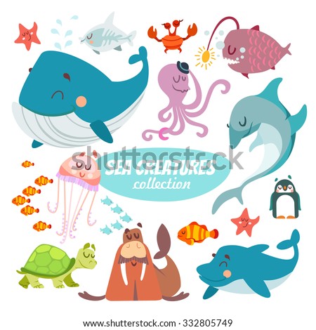 Big set of cartoon sea creatures isolated on white background.Whale,sea star,fishes,shark,octopus,crab,penguin,dolphin,walrus,sea turtle,jellyfish.