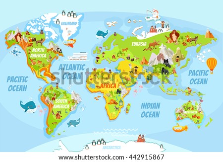 Cartoon world map with a lot of funny animals,sea creatures,various landscapes and peoples of various nationalities.Great for kids design,educational game,magnet or poster design.Vector illustration