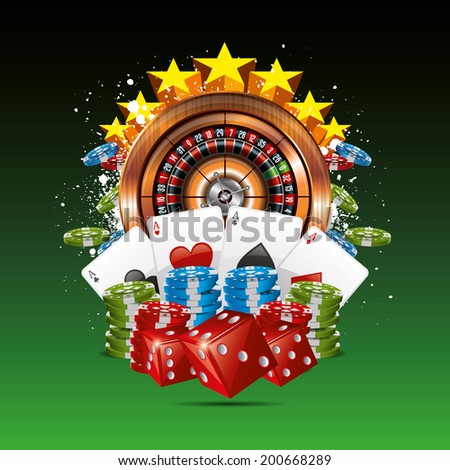 Casino Background with roulette wheel cards and chips Casino Background with roulette wheel cards and chips