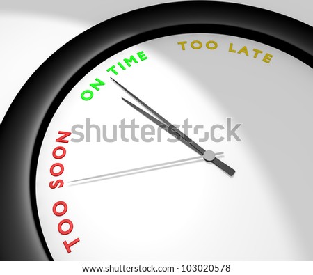 A wall clock says \'on time\' symbolizes sense of timing, punctuality... Other pics of the same set: \'too soon\' and \'too late\'. Computer generated image.