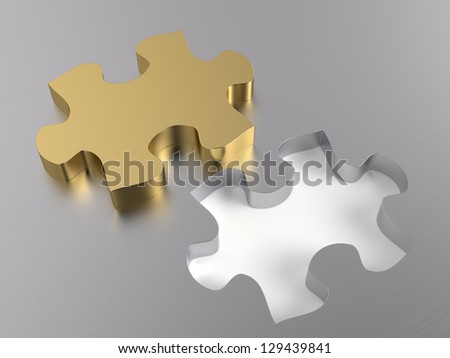 Golden jigsaw puzzle piece. Computer generated image with clipping paths