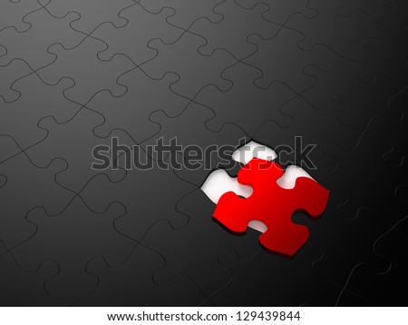Black puzzle with a single red piece. Computer generated image