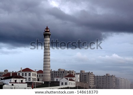 Lighthouse of Boa Nova (Good News) in Leca da Palmeira, northern Portugal, in a cloudy evening