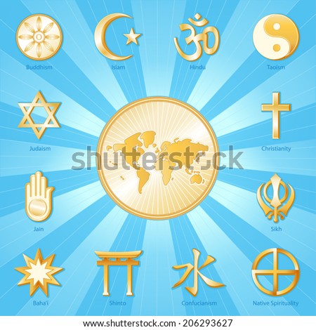 World of Faith, gold religions icons: Buddhism, Islam, Hindu, Taoism, Christianity, Sikh, Native Spirituality, Confucian, Shinto, Bahai, Jain, Judaism.  Aqua, gold ray background. EPS8 compatible.