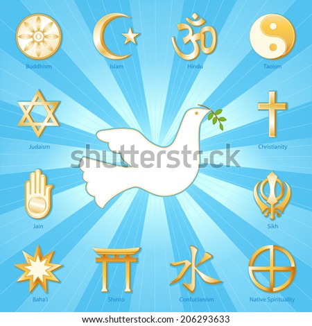 Dove of Peace,  world religions icons: Buddhism, Islam, Hindu, Taoism, Christianity, Sikh, Native Spirituality, Confucian, Shinto, Bahai, Jain, Judaism.  Aqua, gold ray background. EPS8 compatible.