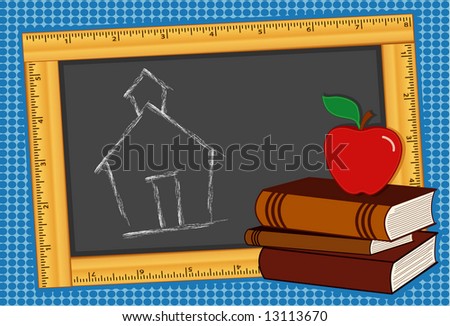 Back To School. Ruler Blackboard, Schoolhouse Chalk Drawing, Books 