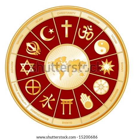 map of world religions. 12 world religions in golden