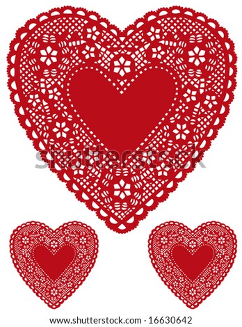 Vintage Lace Heart Doilies. Tiny red hearts border, copy space for Valentine's Day, Mother's Day, anniversary, birthday, Christmas, albums, scrapbooks, cake decorating. Isolated on white background.