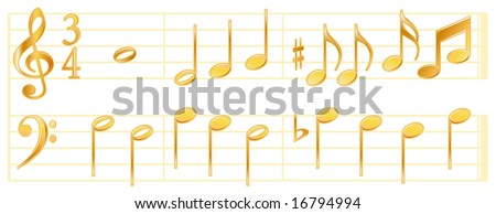 Golden Music Notes on White Background with treble and bass clefs, time signatures, sixteenth, eighth, half, quarter and whole notes, sharps and flats on music staffs.