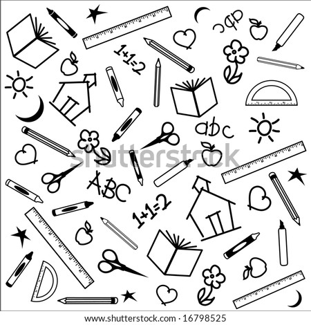 Back to School Background, black and white chalkboard: books, rulers, crayons, pens, pencils, markers, scissors, protractor, schoolhouse, ABC, math, and doodles.