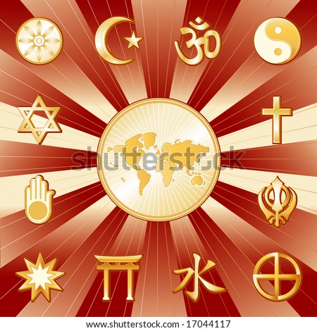 One World, Many Faiths. Gold symbols of 12 world religions surrounding earth map: Buddhism, Islam, Hindu, Taoism, Christianity, Sikh, Native Spirituality, Confucian, Shinto, Baha'i, Jain, Judaism.
