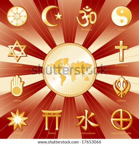 vector - One World, Many Faiths, Globe Map, 12 international religions. Top left: Buddhism, Islam, Hindu, Taoism, Christianity, Sikh, Native Spirituality, Confucianism, Shinto, Baha\'i, Jain, Judaism.