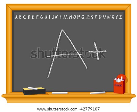 A Plus!  Old fashioned wood & slate blackboard with alphabet, eraser, box of chalk for education, literacy and back to school projects.