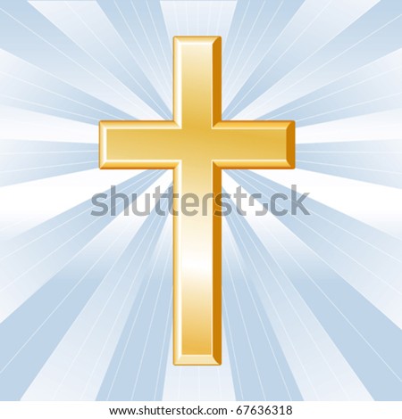 vector - CHRISTIAN CROSS. Golden crucifix, symbol of the Christian faith on a sky blue background with rays. EPS8 organized in groups for easy editing.