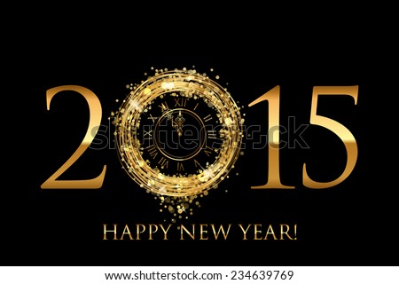 Vector 2015 Happy New Year background with gold shiny clock