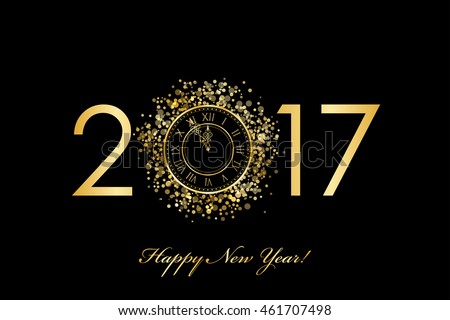 Vector 2017 Happy New Year background with gold clock. 2017 background. New Year 2017. Happy New Year.  Happy New Year 2017. Happy New Year background. 2017 gold.