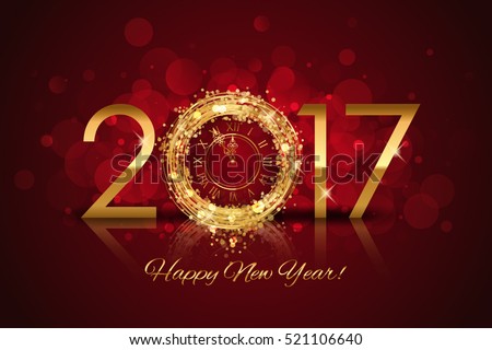 Vector 2017 Happy New Year background with gold clock on red background