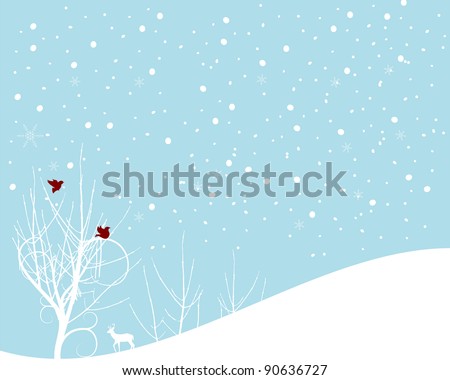 red birds and snow winter background