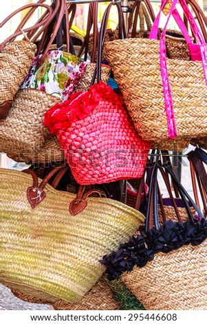 Colorful decorated straw bags shopping