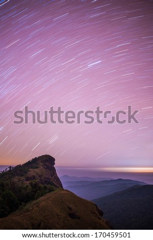Stars. Star Trail Night Sky At Mon-Jong Mountain ,Chiangmai,Thailand