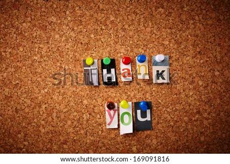 Thank you - Cut out letters pinned on a notice board.