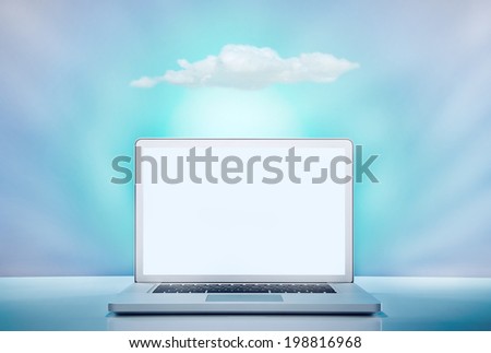 Cloud computing - Portable Computer with white screen. Isolated on a blue background.