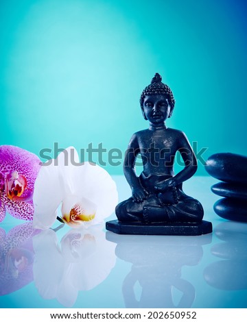 Buddah with hot stones and lotus. Image of a buddah with hot stones, works perfect for spirituality, relaxation or massage.