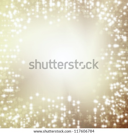 gold background text frame with white star snowflakes, sparkles and copy space for text