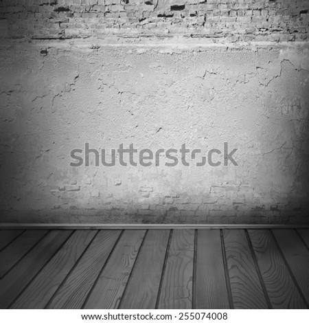 interior background, plaster and brick wall texture wooden floor in black and white