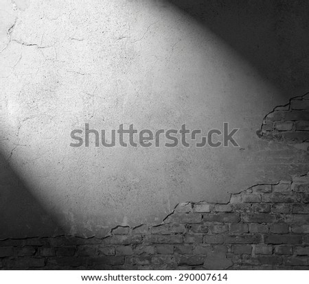 plastered wall texture background, black and white background with beam of spot light