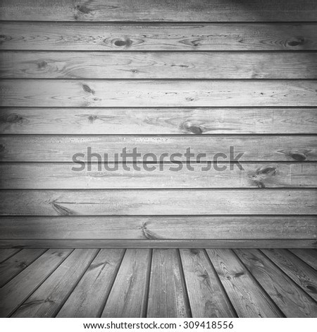 interior background, old wood texture wall and floor in black and white and dark vignette