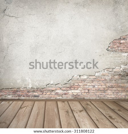 plastered brick wall and wood interior background texture