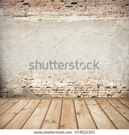 urban background, red brick wall texture bright plastered wall and wooden floor  abandoned interior grunge background for your concept or project