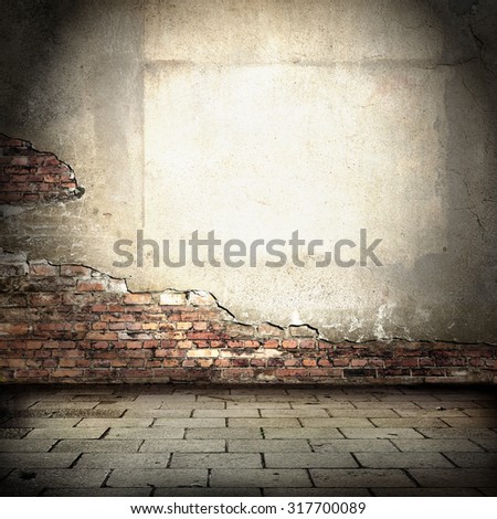 grunge urban background, plastered brick wall and pavement as tiled floor, empty room interior background