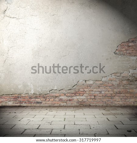 urban background with shadow vignette, plastered brick wall texture and concrete tiled floor pavement as abandoned exterior grunge background for your concept or project