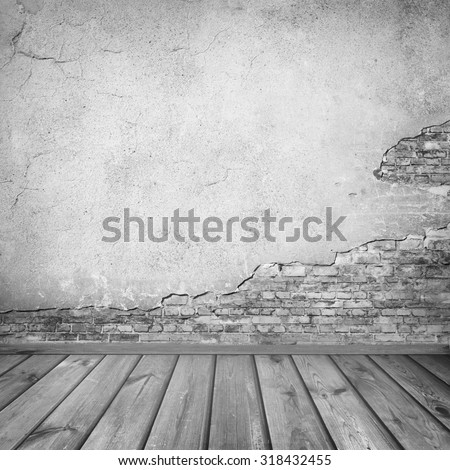 grunge urban background, plastered brick wall texture and tiled plank wood floor abandoned interior background for your concept or project