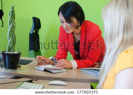 Woman business office meet work team