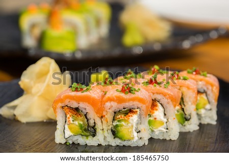 organic sushi roll with salmon at restaurant