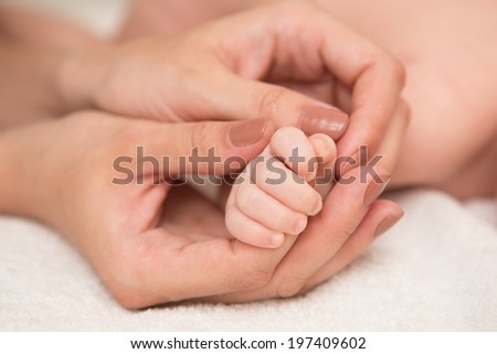 Baby\'s hand gripping adult finger. Close up