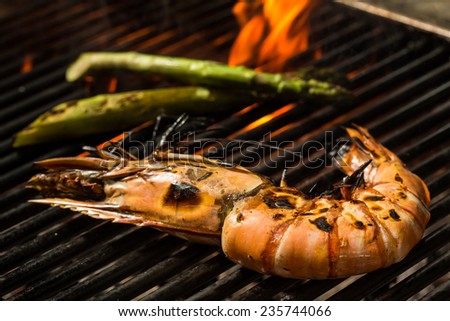 Grilled prawns on the grill. Shallow dof.