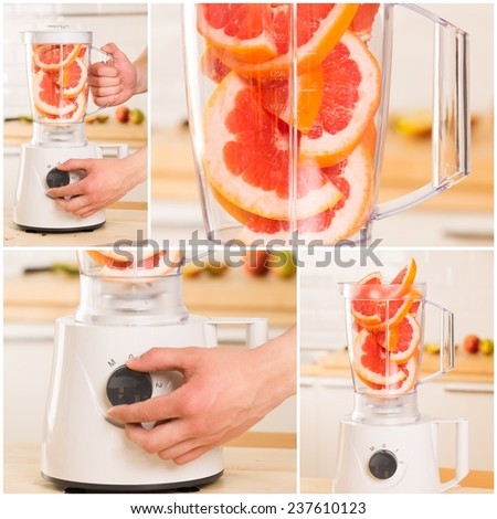 Grapefruit white Blender on a wooden table. Kitchen