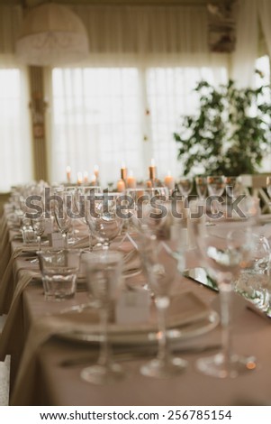 decorated wedding table in the restaurant. wedding background