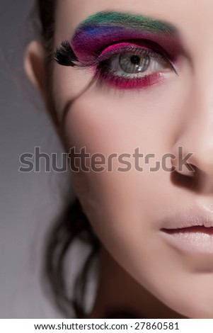 eye makeup with feathers. eye with feathers on