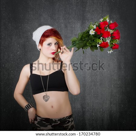 Punk woman joint red flowers