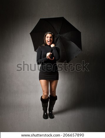 nice girl fear expression under big umbrella