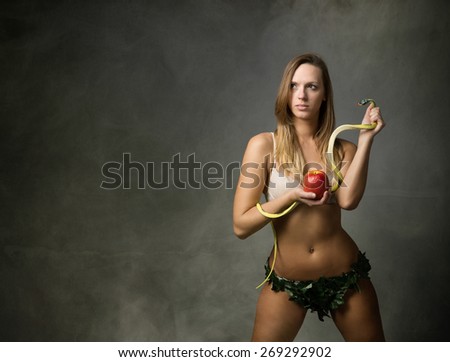 eve with snake and apple, dark and foggy room