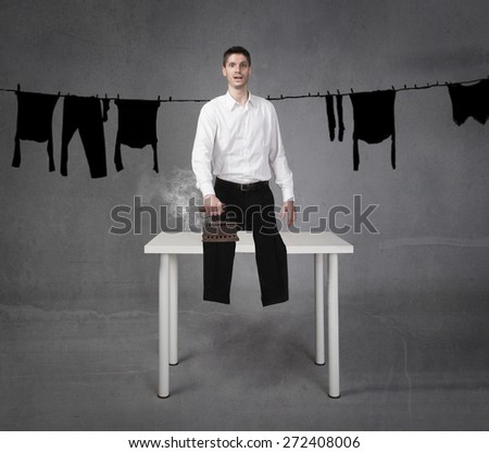man funny ironing clothes, textured background